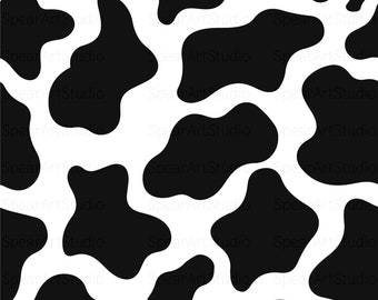 Puede incluir: Patrón sin costuras en blanco y negro con un diseño de piel de vaca. El patrón presenta formas irregulares y orgánicas que se asemejan a manchas de vaca.
