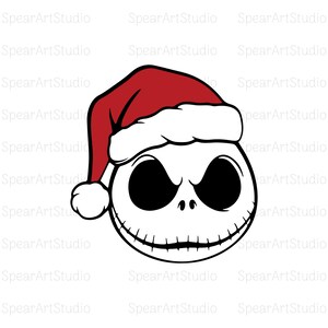 May include: A black and white illustration of a character's head wearing a red Santa hat. The character has large black eyes, a wide grin, and a white face. The hat has a white trim and a white pom-pom.