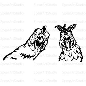 Puede incluir: Dos ilustraciones en blanco y negro de pollos. Un pollo mira hacia la izquierda y lleva una bandana de lunares en la cabeza. El otro pollo mira hacia la derecha.