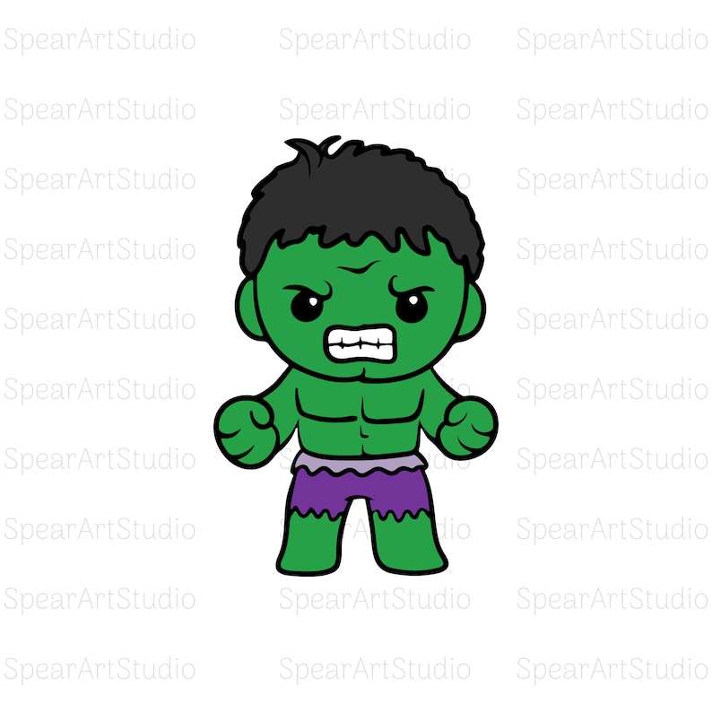 May include: A cartoon illustration of the Hulk, a green superhero with black hair, wearing purple shorts. He has a serious expression on his face and his fists are clenched.