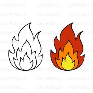 May include: Two stylized flame illustrations. One is a black outline, and the other is coloured with shades of red, orange, and yellow. The flames have a simple, cartoonish design, suitable for various graphic applications.