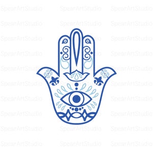 May include: A blue and white hamsa hand with a blue eye in the center. The hamsa is a symbol of protection and good luck.