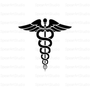Può includere: Un simbolo medico in bianco e nero, noto anche come il bastone di Asclepio, con un serpente avvolto attorno a un bastone con ali in cima.