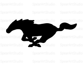 May include: A black silhouette of a running horse, a classic design often used as a logo.