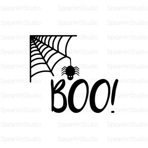 May include: Black and white Halloween-themed graphic featuring a spider hanging from a spiderweb and the word "BOO!" in a bold, playful font. The design is perfect for spooky season decorations.