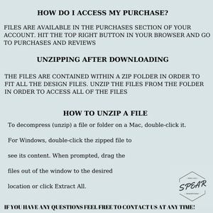 May include: A light gray informational graphic with text on how to access and unzip files after purchase. The text includes instructions for Mac and Windows users. The SpearArtStudio logo is in the bottom right corner.