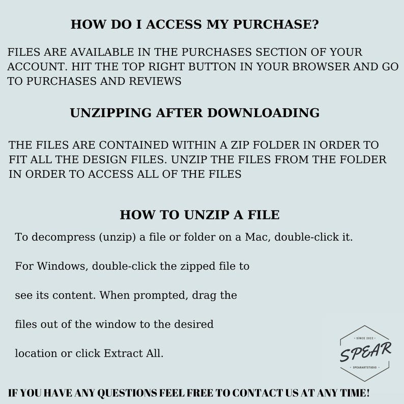 May include: A light gray informational graphic with text on how to access and unzip files after purchase. The text includes instructions for Mac and Windows users. The SpearArtStudio logo is in the bottom right corner.