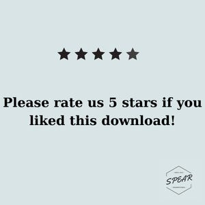 May include: Light blue background with five black stars above the text "Please rate us 5 stars if you liked this download!" A small logo with the text "SPEAR" is in the bottom right corner.