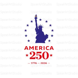 May include: A patriotic design featuring the Statue of Liberty in navy blue, surrounded by stars. The word "AMERICA" is in red, with "250" in a larger font, and the years "1776-2026" below. The design is on a white background.