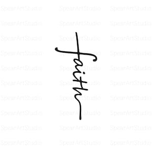 May include: A black and white illustration of a cross with the word "faith" written vertically down the centre of the cross.