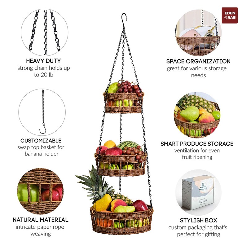 3 Tier Hanging Wicker Fruit Basket With Banana Holder Wicker Etsy