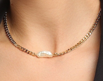 Pearl Cuban Link Chain, Pearl Choker Necklace , Pearl Jewelry, Bridal Jewelry, Christmas Gift For Her