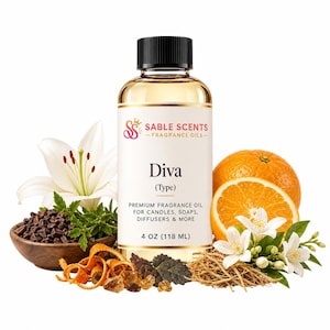 May include: A clear 4 oz bottle of Sable Scents Diva fragrance oil with a black cap. The label features the text Sable Scents Fragrance Oils, Diva (Type), and Premium Fragrance Oil For Candles, Soaps, Diffusers & More. Surrounded by orange slices, white lily flowers, orange blossoms, and dark brown botanical elements.