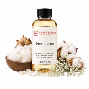 May include: A clear plastic bottle of Sable Scents Fresh Linen fragrance oil with a black cap. The label reads: Sable Scents Fragrance Oils, Fresh Linen, Premium Fragrance Oil For Candles, Soaps, Diffusers & More, 4 oz (118 ml). Flanked by cotton bolls.