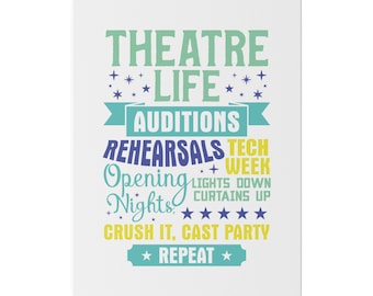 May include: A white background with blue, green, and yellow text that reads "THEATRE LIFE AUDITIONS REHEARSALS TECH WEEK Opening Nights LIGHTS DOWN CURTAINS UP CRUSH IT, CAST PARTY *REPEAT*"