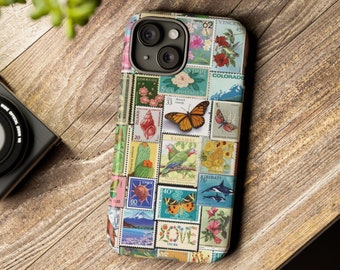 Vintage stamp collage tough phone case, iPhone 13 14 15 stamp collector case, Galaxy S23 S24 stamp art phone cover, Pixel nature cell case