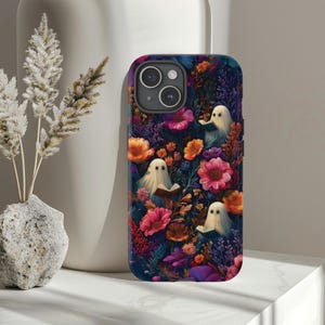 ghosts reading floral tough phone case iPhone 13 14 15 16 pro max dark academia accessories Galaxy bookish cell cover goth flower aesthetic