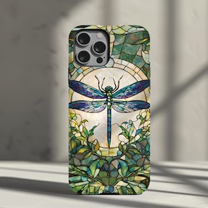 Custodia per telefono resistente con effetto vetro colorato a forma di libellula per iPhone 13, 14, 15 e 16 Pro Max, accessori a mosaico, cover per cellulare, arte botanica, estetica, amante degli insetti