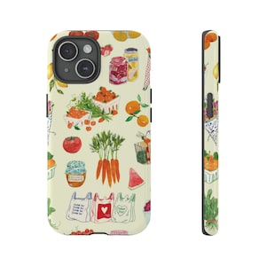 Farmers market tough phone case, collage iPhone cell case, Galaxy scrapbook case, Pixel fruit vegetable case, vegetarian gift, vegan gifts