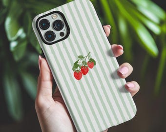 Strawberries striped tough phone case iPhone 13 14 15 16 pro max grandmillennial Galaxy coastal cell cover cottagecore fruit lover girlcore