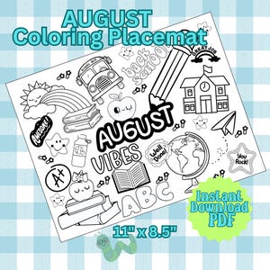 AUGUST Coloring Page Placemat, Back to School, Summer Coloring, Kids Coloring Activity, Printable Activity Page,  Instant Digital Download,