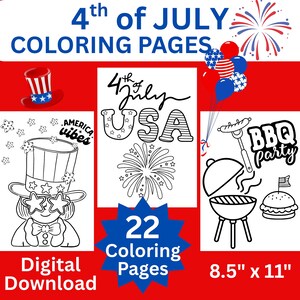 4th of July Coloring Pages, Patriotic Coloring Pages, Summer Coloring Activity, USA Party Favors, Fourth of July, Instant Digital Download