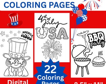 4th of July Coloring Pages, Patriotic Coloring Pages, Summer Coloring Activity, USA Party Favors, Fourth of July, Instant Digital Download
