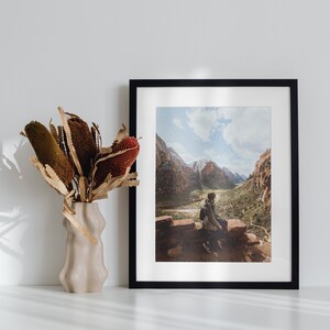 A girl with a view of Zion National Park in the background Landscape Photography Print, Nature Wall Art