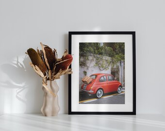 Vintage Fiat red car parked along the Alamfi Coast, Italy, travel photo print wall art