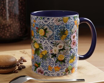 Italien Sizilien Tasse, italienische sizilianische Zitronen Majolika-Porzellanfliesen-Akzent-Kaffeetasse, Italien-Sizilien-Reisender, Italien-Sizilien-Andenkengeschenk, 11 Unze