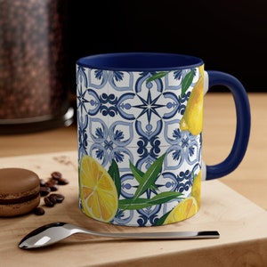 Italian Sicilian Majolica Lemon Ceramic Tile Tea Mug Gift, Italy Sicily Majolica Lemon Mug, Porcelain Tile Accent Mug, Sicily Traveler, 11oz