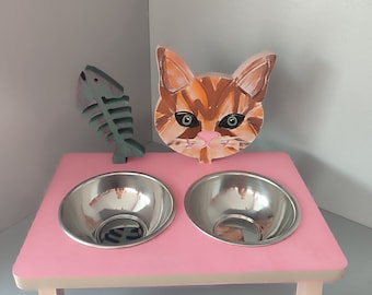 Handmade Wooden Raised Cat Feeder with Stainless Steel Bowls