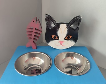 Handmade Wooden Raised Cat Feeder with Stainless Steel Bowls