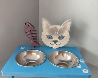 Handmade Wooden Raised Cat Feeder with Stainless Steel Bowls