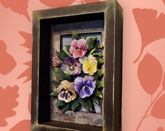 Handmade 3D Violet Flower Relief, Wooden Frame,