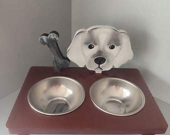Personalized Wooden Raised Dog Food Stand with Stainless Steel Bowls