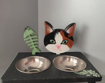 Handmade Wooden Raised Cat Food Stand with Stainless Steel Bowls