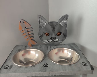 Handmade Wooden Raised Cat Feeder with Stainless Steel Bowls