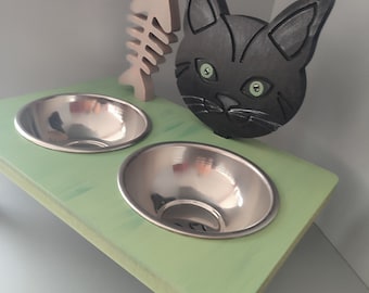 Handmade Wooden Raised Cat Feeder with Steel Bowls, Pet Decor