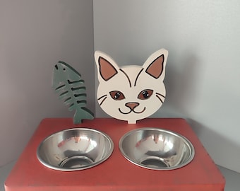 Handmade Wooden Raised Cat Feeder, Steel Bowls, Personalized Pet Decor