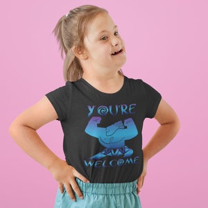 May include: A black t-shirt with a blue and purple graphic of a cartoon character with the text "You're Welcome" on it.