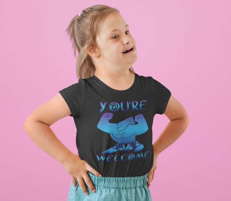 May include: A black t-shirt with a blue and purple graphic of a cartoon character with the text "You're Welcome" on it.