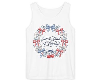 Camiseta sin mangas con diseño de corona de la dulce Tierra de la Libertad / Diseño patriótico de lazo de cereza