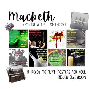 Op de afbeelding: Een set van 17 printbare posters met belangrijke citaten uit het toneelstuk Macbeth. De posters zijn ontworpen voor gebruik in de Engelse les. De citaten worden weergegeven op kleurrijke achtergronden met afbeeldingen die gerelateerd zijn aan het toneelstuk.