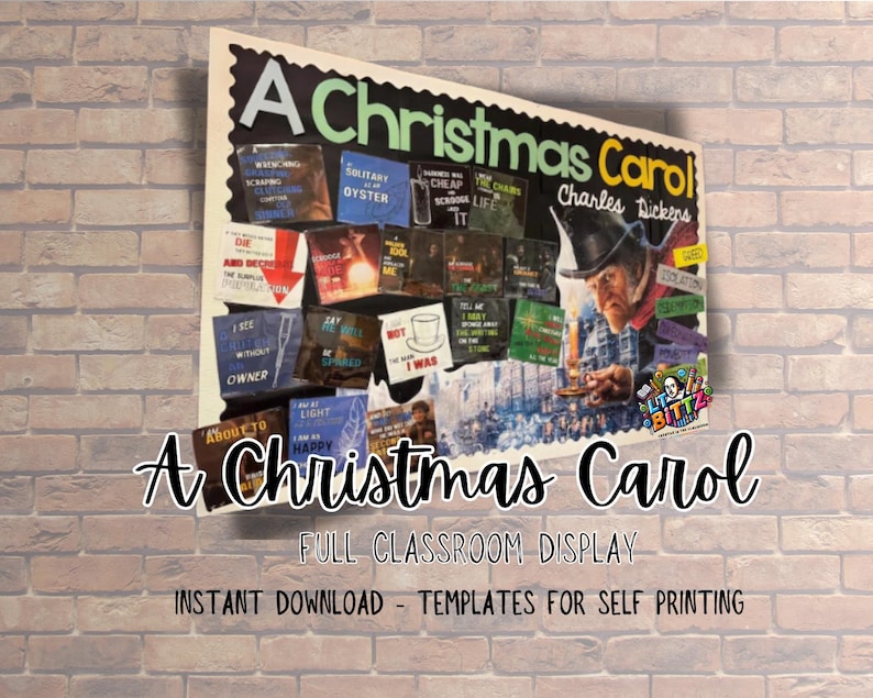 May include: A classroom bulletin board display for the book "A Christmas Carol" by Charles Dickens. The display features a variety of colorful images and text from the book, including a portrait of Ebenezer Scrooge. The text "A Christmas Carol" is written in large, green letters at the top of the board.