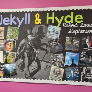 Könnte beinhalten: Eine Pinnwand mit dem Titel "Jekyll & Hyde" und dem Autor Robert Louis Stevenson. Sie zeigt eine große Illustration der Charaktere und kleinere Bilder mit Zitaten. Der Hintergrund ist schwarz mit einem weißen Rand.