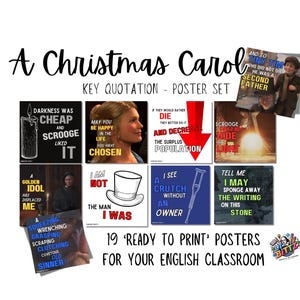 May include: A set of 19 printable posters featuring key quotes from Charles Dickens's "A Christmas Carol". The posters are designed in a black and white colour scheme with red, blue, and yellow accents. Each poster features a different quote from the book, along with an illustration.