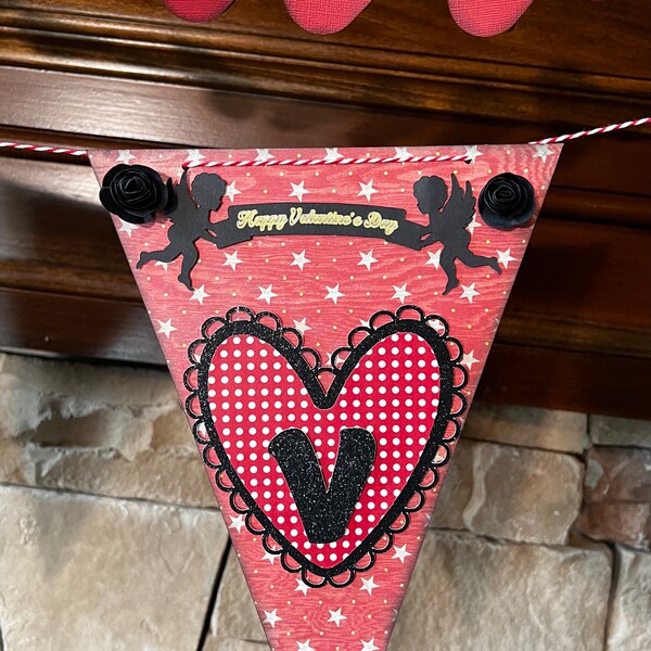 Red, black and beige Valentine Day Decor, Valentines banner, Valentines bunting, Valentines Day Heart Garland, Love Banner.