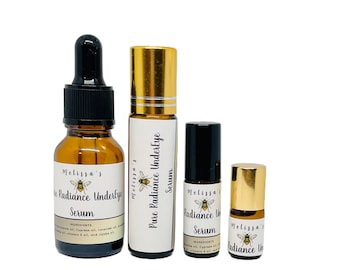 Pode incluir: Quatro garrafas de vidro âmbar com aplicadores de rolagem e etiquetas que dizem "Melissa's Radiance Under Eye Serum". As garrafas estão dispostas em uma fila da maior para a menor.