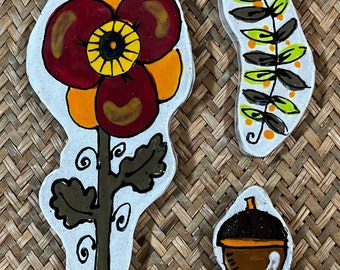Flower tile set, flower and branch tile, flower and acorn tile, mosaic acorn, mosaic flower, ceramic flower, flower art tile, decorative art